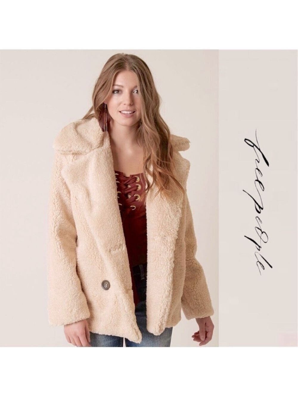 Free People Notched Teddy Sherpa Oversized Peacoat in Oatmeal Size XS